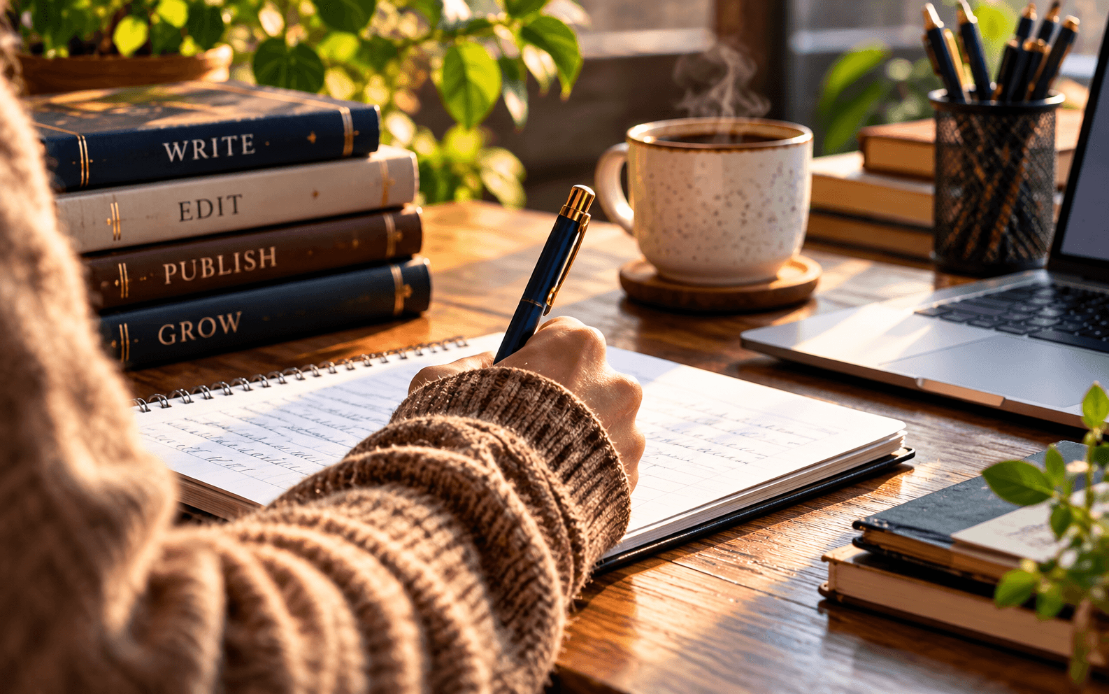 A writer drafting notes by hand beside books labelled Write, Edit, Publish and Grow