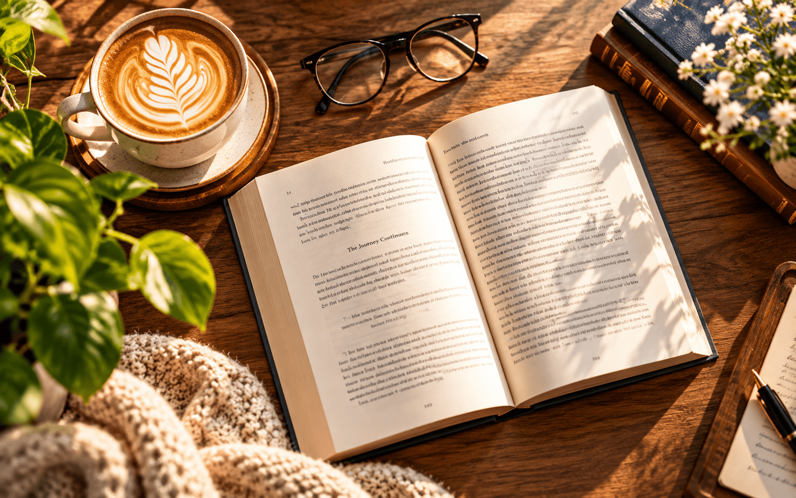 An open book on a desk with a latte and reading glasses